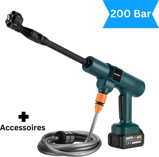 YOFIDA® Draadloze Hogedrukreiniger - Accu hogedrukreiniger - Draagbare Hogedrukreiniger - 2 Accu's - Draadloze Hogedrukreingier - 6 in 1 - Besproeiing van tuinen - Wassen van auto's - Huishoudelijke reiniging - 3500W - 200bar - 18V - Met accessoires
